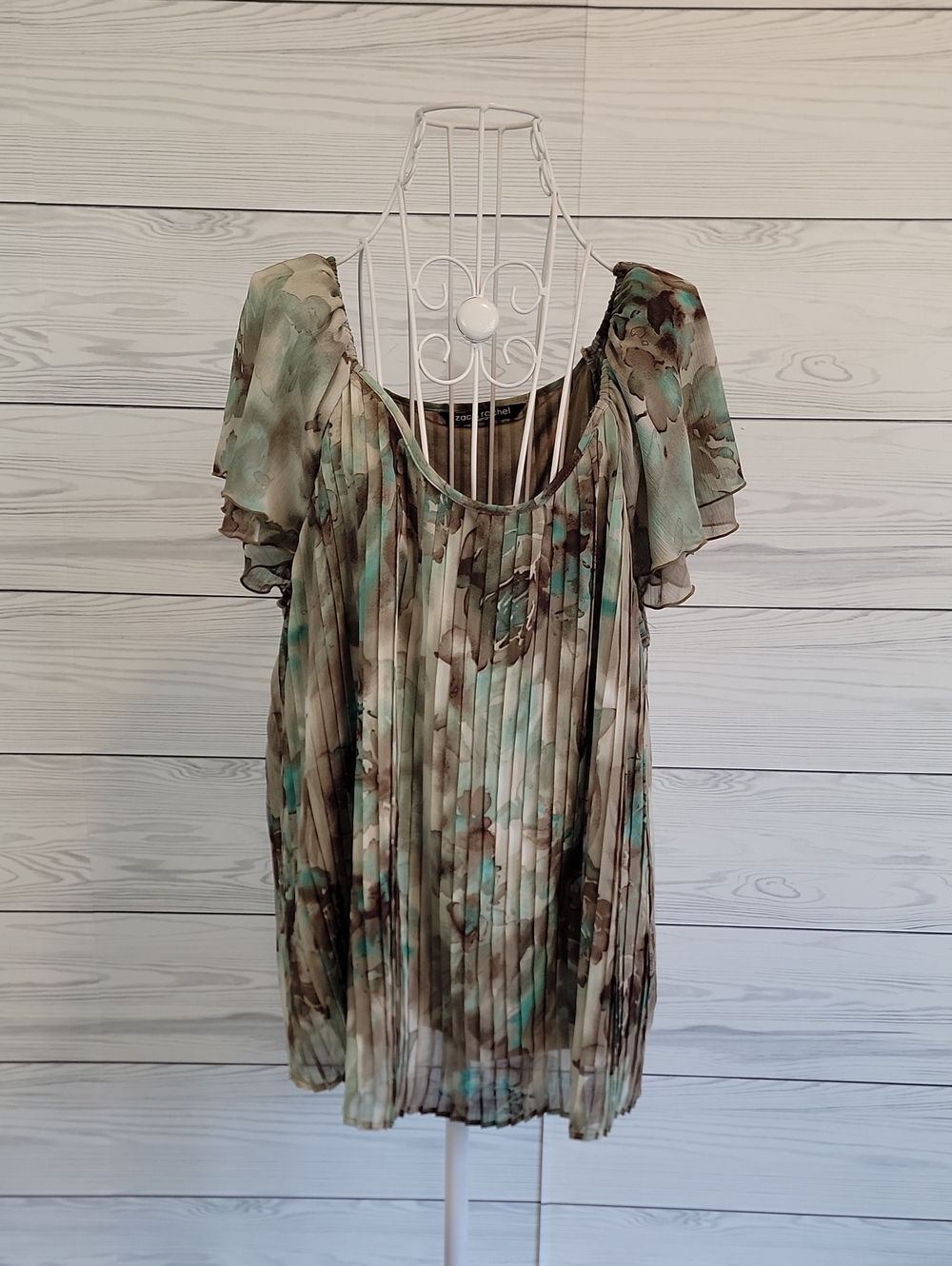 Zac & Rachel Pleated Chiffon Blouse - Brown, Cream, and Green Womens Size 2X